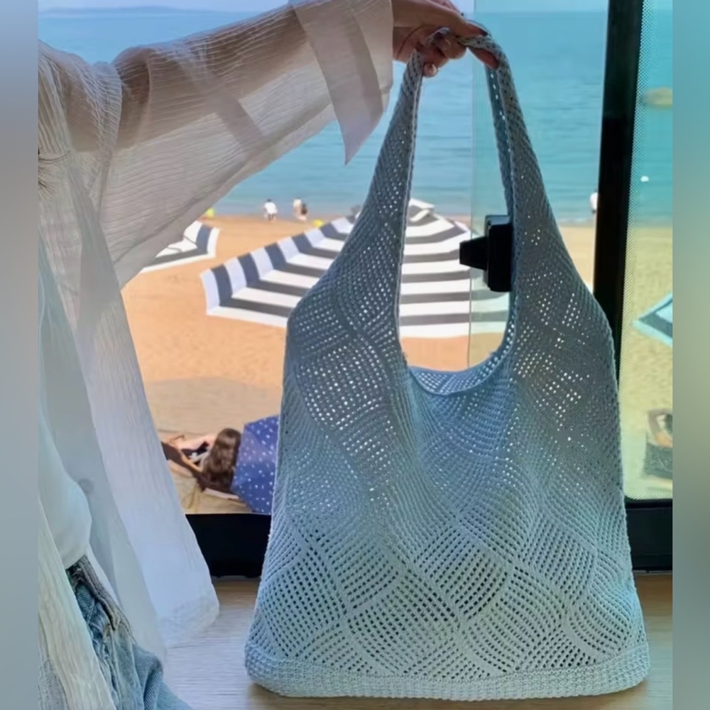 Light Blue Crochet Tote Bag - Lightweight Summer Shoulder Bag